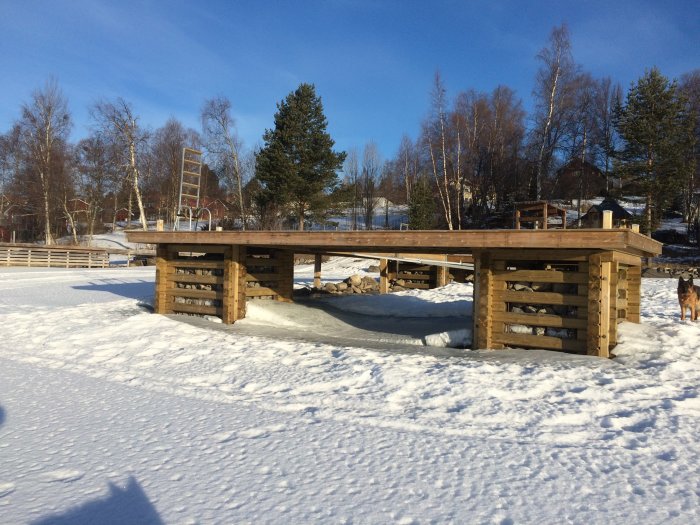 Träbrygga vid insjö med sjunkande vattennivå omgiven av snö och en hund.