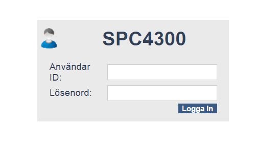 Inloggningsgränssnitt för SPC4300 med fält för användar-ID och lösenord och en Logga In-knapp.