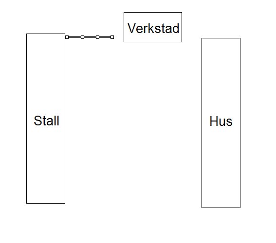 En schematisk ritning som visar planlösningen av ett stall, en verkstad och ett hus.