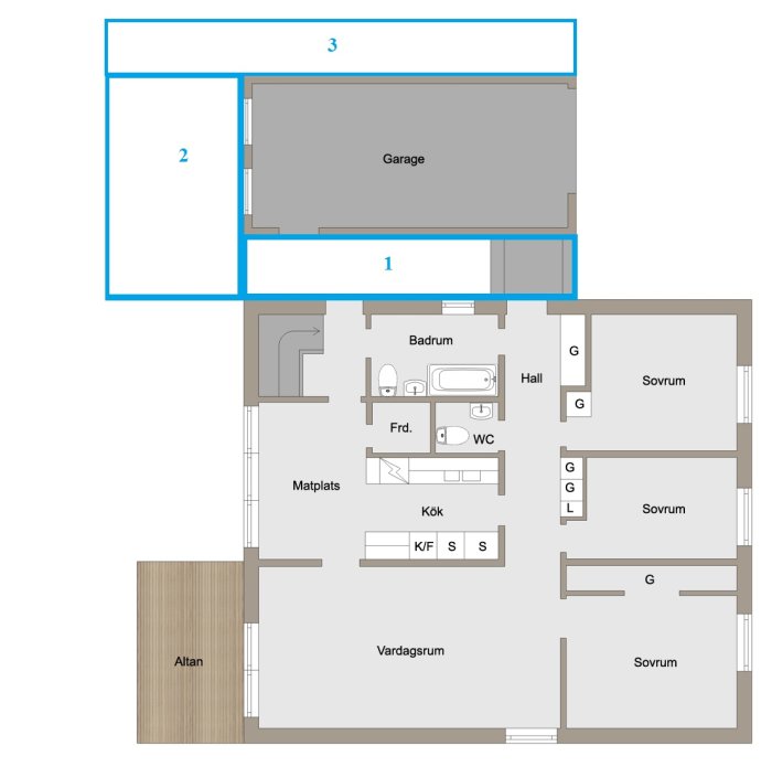 Planritning av ett hus med markerade blå sektioner som visar planerad tillbyggnad vid garage och utrymme för en hall.