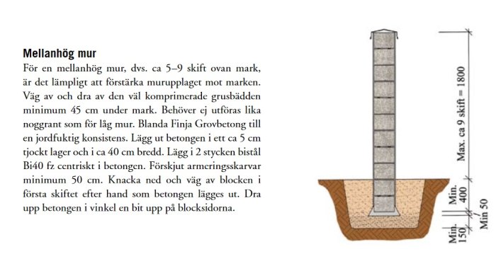 Illustration av en mellanhög mur med måttangivelser och konstruktionsdetaljer, inklusive grundläggning.