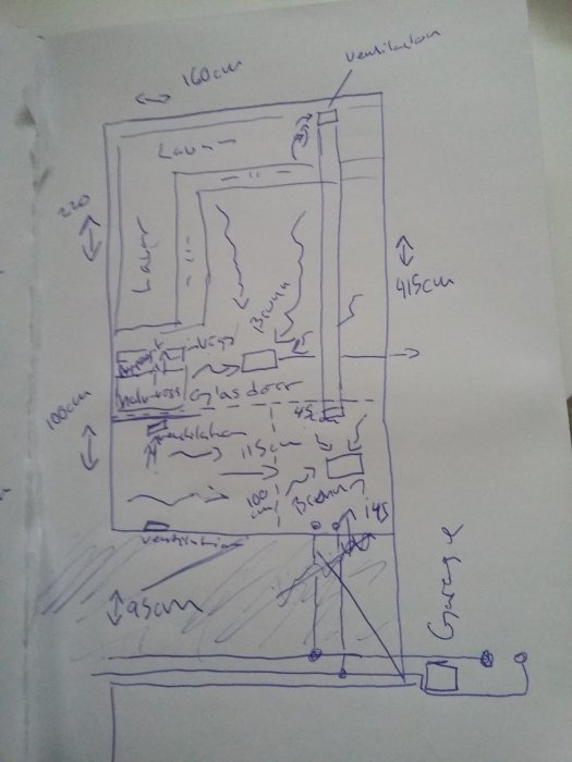 Skiss av bastuprojekt med måttangivelser, layout för förrum, duschområde och bastu med markerade ventilationer.