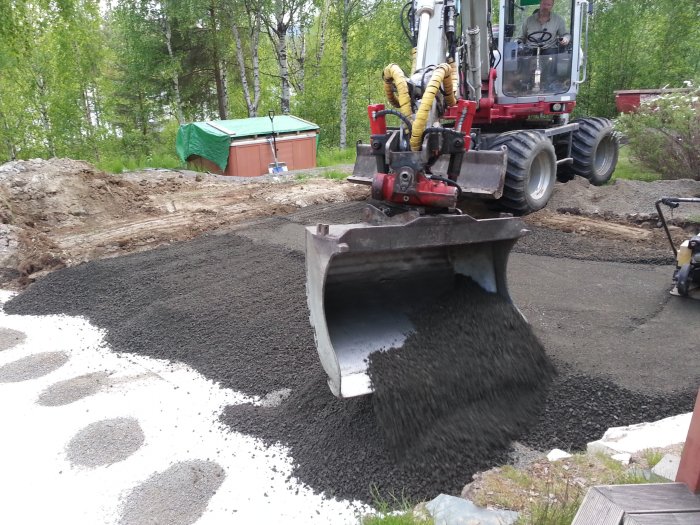 Grävmaskin distribuerar grus på marken som en del av förberedelsen för en uteplats och utekök.