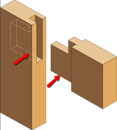 3D-illustration av sammanfogning av trä med utstickande tapp och motsvarande hål markerade med röd färg.