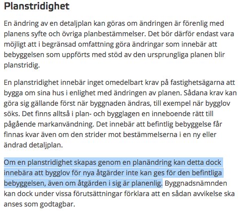 Textdokument om planstridighet enligt PBL 9 kap 30 § med en markerad passus om små avvikelser som är förenliga med detaljplanens syfte.