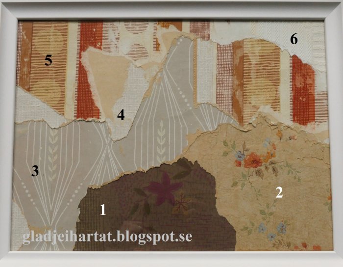 Seksjonert collage av gamle tapeter i varierte mønstre nummerert fra 1 til 6 i en hvit ramme.