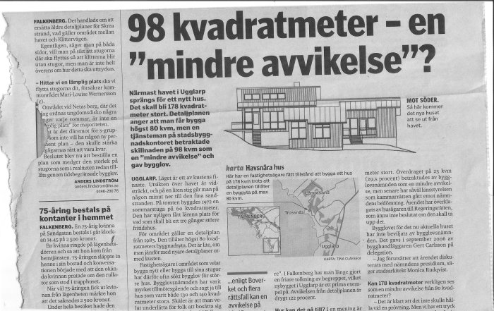 Artikel ur Hallands Nyheter om en byggavvikelse med skiss på hus och karta över Falkenberg och Ugglarp.