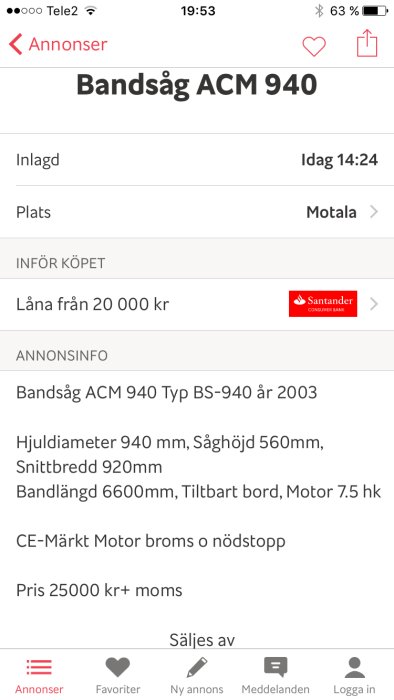 Skärmdump av en försäljningsannons för en stor bandsåg, ACM 940, med specifikationer och pris.