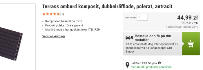 Skärmdump från byggvaruhuset OBI visar en trall av komposit med priset 44.99 zł per kvadratmeter och 18.75 zł per löpmeter.