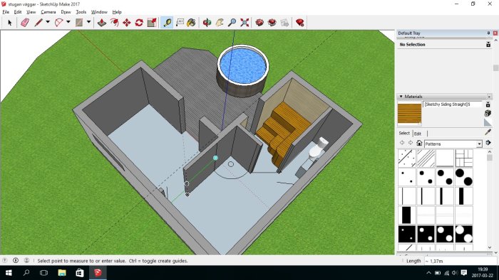 3D-modell av ett byggprojekt med bastu, badrum och relaxavdelning med märkt avstånd till golvbrunn.