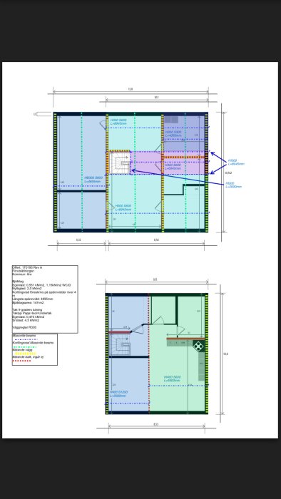 Arkitektonisk ritning av husplan med dimensioner, takbalkarnas placering och pelare för konstruktion.