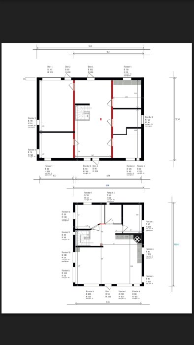 Byggritning av en bottenplan med måttangivelser, LT pilar, och planerade placeringar av fönster, dörrar och pelare.