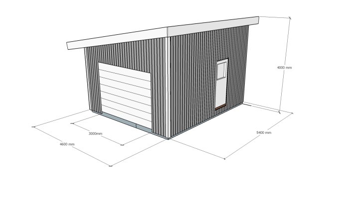 Digital skiss av ett planerat ouppvärmt attefallsgarage med måttangivelser.