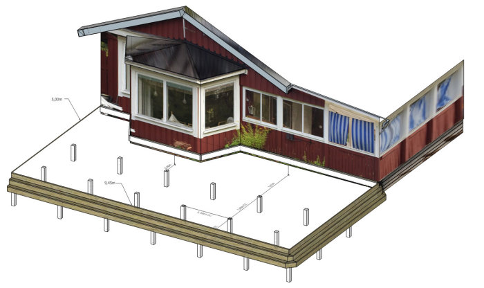 3D-ritning av en stuga med planerat trädäck och placerade plintar inkluderande måttangivelser.