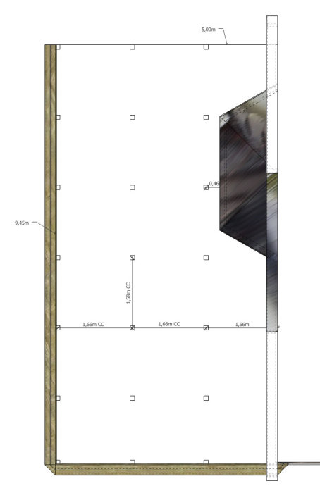 3D ritning av planerad altan med måttangivelser och avstånd mellan plintarna.