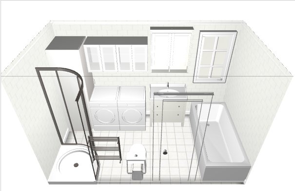 3D-ritning av ett badrum med duschhörna, badkar, tvättmaskiner och handfat från Ikea's hemmaplanerare.