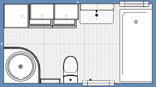 Ritning från Ikea's hemmaplanerare som visar förslag till badrumsinredning, inklusive duschhörna, badkar, toalett och handfat.