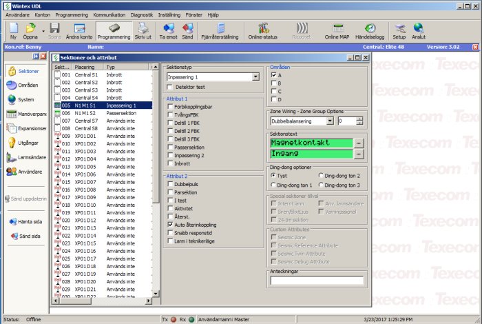 Skärmdump av Texecom Wintex-programvaran med öppen dialog för programmering av larmsystem, version 3.02, offline-status.