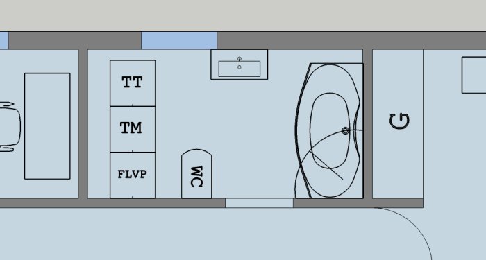 Skiss av planlösning för ett byggprojekt med tydliga markeringar för möbler och vitvaror.