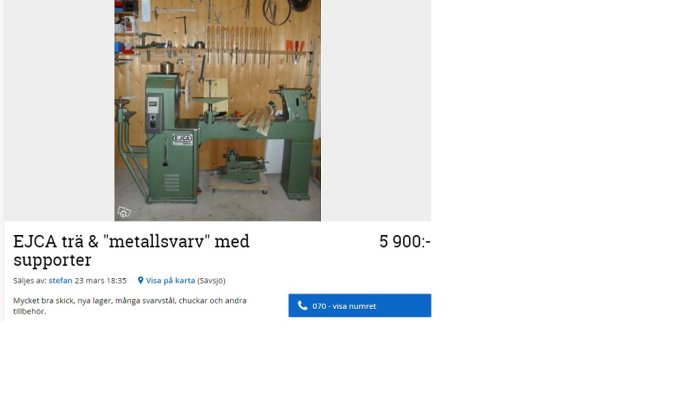 EJCA trä- och metallsvets med tillhörande supporter och verktyg på ett verkstadsbord bakom, prislapp visar 5 900:-.