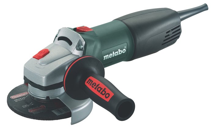 Enhandsgrepp Metabo vinkelslip med extra handtag och skivskydd.