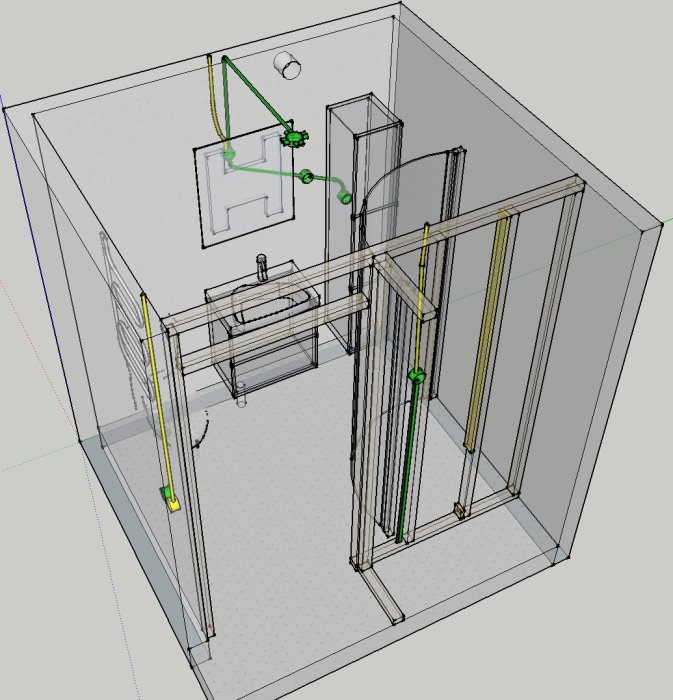 3D-ritning av badrumsplanering med markerad befintlig (gul) och planerad (grön) eldragning.