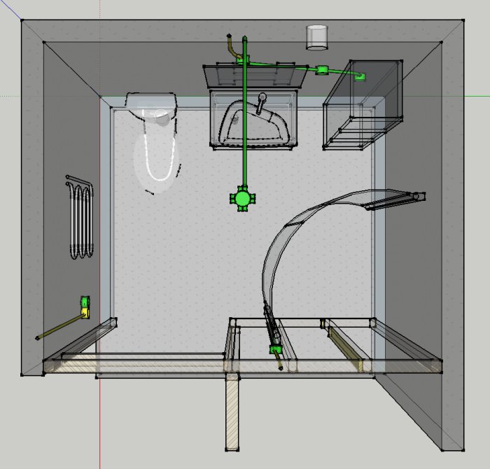 3D-ritning av badrum med befintlig el i gult och planerad elektrisk utökning i grönt.