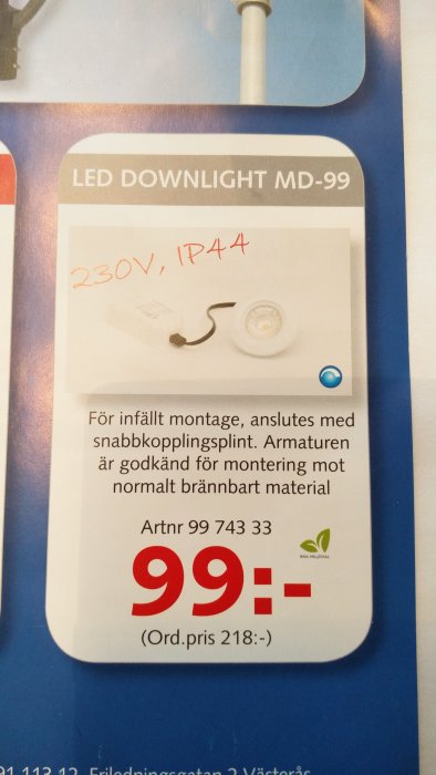 LED downlight MD-99 för infällt montage, 230V, IP44, med prisinformation.
