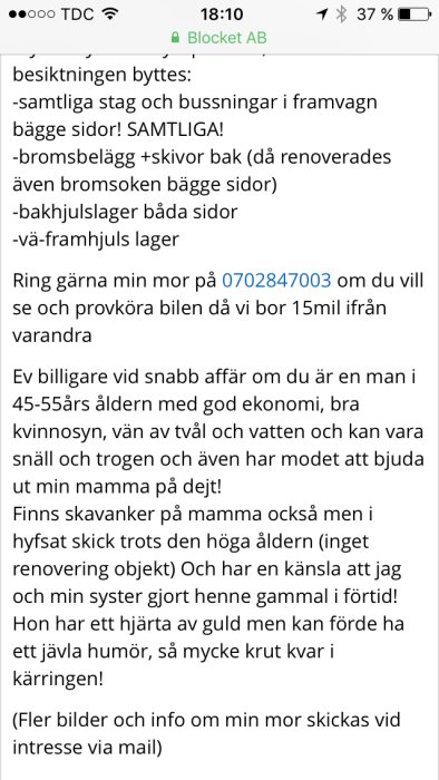 Skärmdump från Blocket med text om bilförsäljning och humoristisk kommentar om att dejta säljarens mamma.