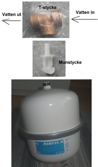 Expansionskärl för färskvatten, T-stycke och specialmunstycke för vattenombyte och förhindra legionella.