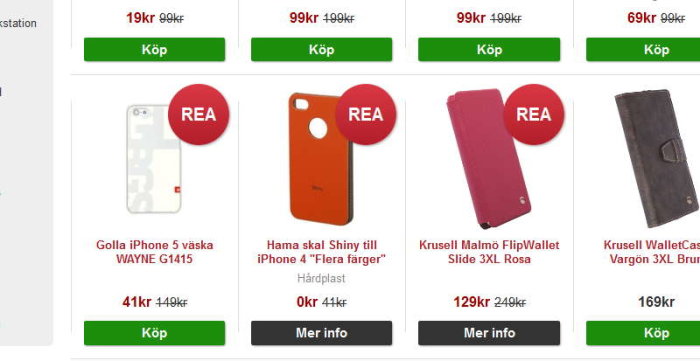 Skärmklipp av 24.se's hemsida visar mobilskal på rea med priser och köpknappar.