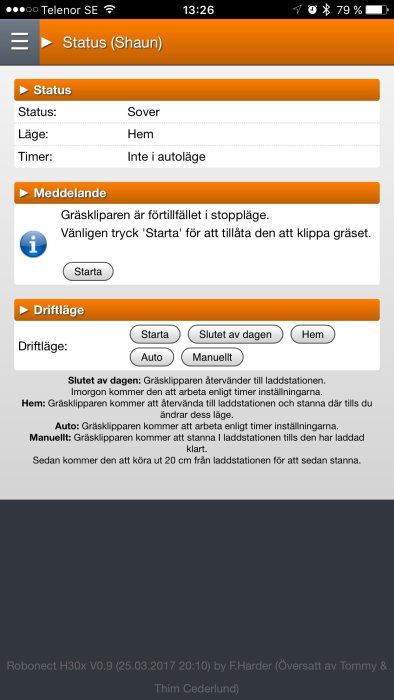 Skärmbild av en mobilapp för gräsklipparkontroll med statusmeddelande om stoppläge och startknapp.