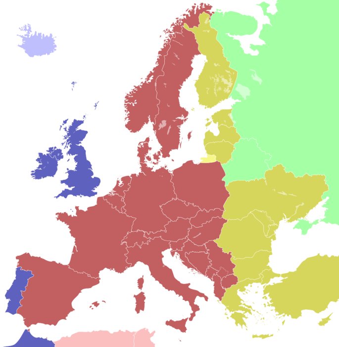 Färgkodad karta över Europa som visar olika tidszoner relatade till diskussionen om Spaniens tid.