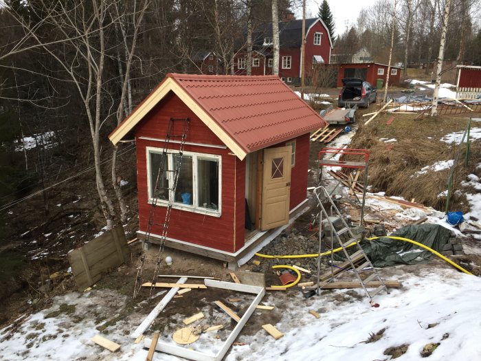 Nybyggd bastu med rött plåttak och röd panel, byggmaterial och stegar runt omkring, på vintern.