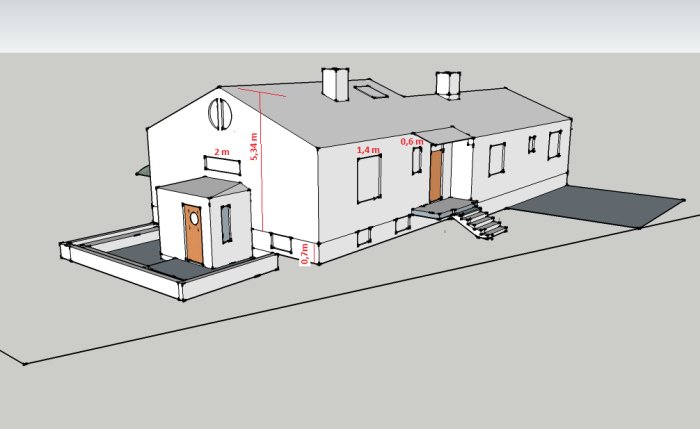 3D-skiss av ett hus med måttangivelser för planerad tillbyggnad.