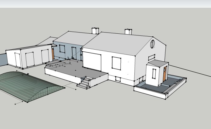 3D-skiss av hus med tillbyggnad, inkluderar orangeri och pool.