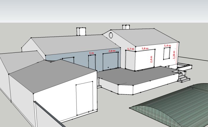 3D-skiss av husets tillbyggnad med måttangivelser och potentiell pool.