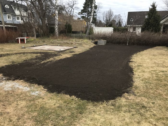 En delvis fylld svacka med jord på en gräsmatta framför ett hus, markerat för fortsatt arbete.