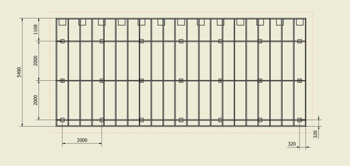 Ritning av planerat trädäck med mått och placering av bärlinor och reglar markerade, 11,5 x 5,40 meter storlek.