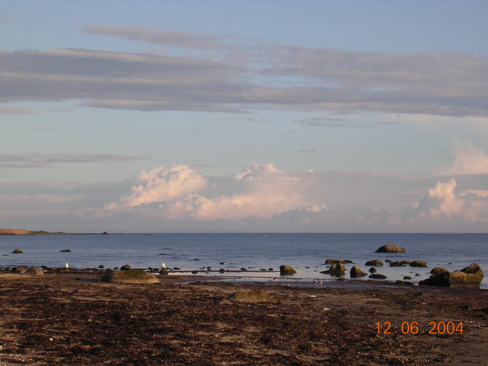 Strandvy med klippor och tång i Särdal, blå himmel med moln, daterad 12 juni 2004.