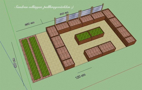 3D-skiss av en köksträdgård med måttangivelser, pallkragar och gångar anpassade för skottkärra.