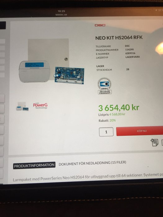 Skärm med produktinformation om NEO KIT HS2064 RFK för byggprojekt, pris 3654 kr visas.