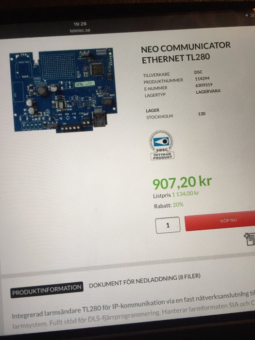 Skärmbild av en webbutik som visar NEO Communicator Ethernet TL280-kretskortet med prisinformation.