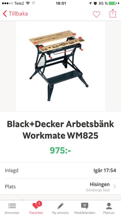 Ny Black+Decker Workmate WM825 arbetsbänk, visas i annonsskärmdump.