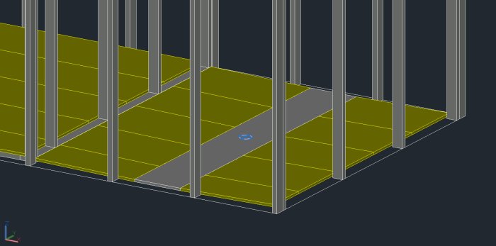 3D-ritning av reglar och golvspånt i vedeldad bastu under konstruktion med centralt golvbrunn.