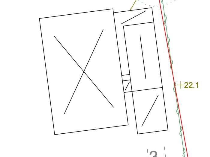 Kartunderlag som visar fastighetens layout med befintlig byggnad, carport och förrådstak nära tomtgränsen.