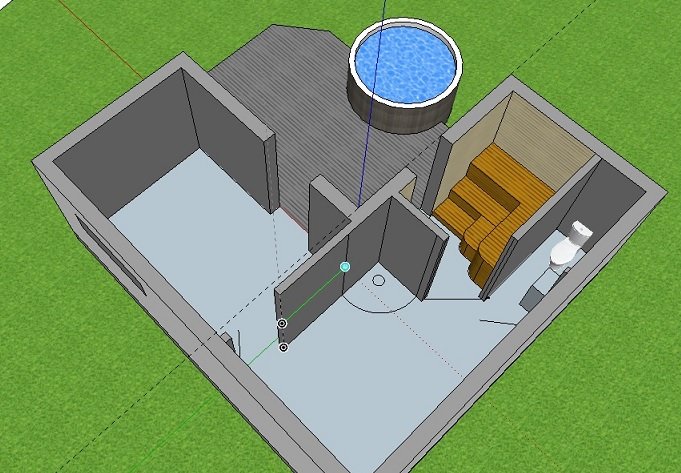 3D-modell av ett litet hus utan tak, visar interiör med pool och bastu.