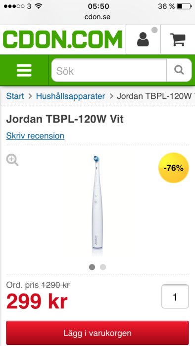 Skärmdump från CDON.com visar en elektrisk tandborste modell Jordan TBPL-120W Vit på rea för 299 kr, nedsatt från 1290 kr.