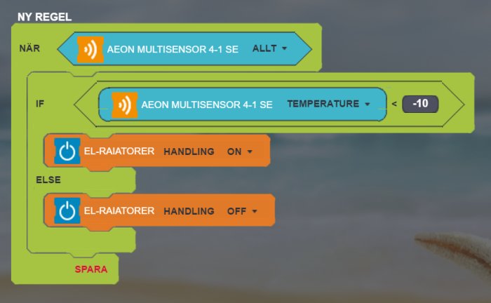 Skärmdump av en automatiseringsregel som använder temperatursensor för att styra elradiatorer.