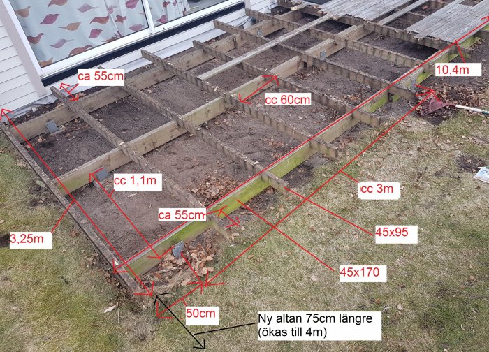 Altan under konstruktion med måttangivelser för längd, bredd och avstånd mellan reglar.